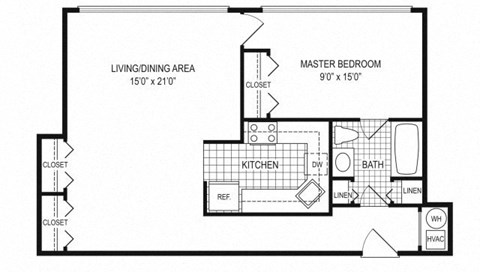 Floor plan for 1 bed, 1 bath, 633 sqft