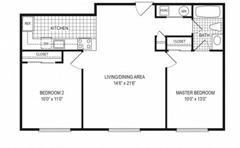 Floor plan for 2 beds, 1 bath, 775 sqft