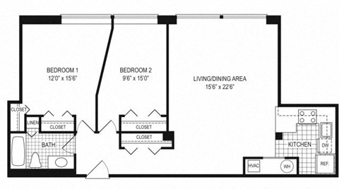 Floor plan for 2 beds, 1 bath, 852 sqft