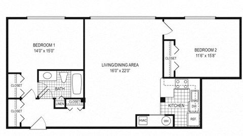 Floor plan for 2 beds, 1 bath, 915 sqft