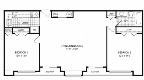 Floor plan for 2 beds, 1 bath, 905 sqft