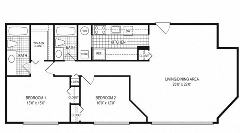 Floor plan for 2 beds, 2 baths, 1074 sqft