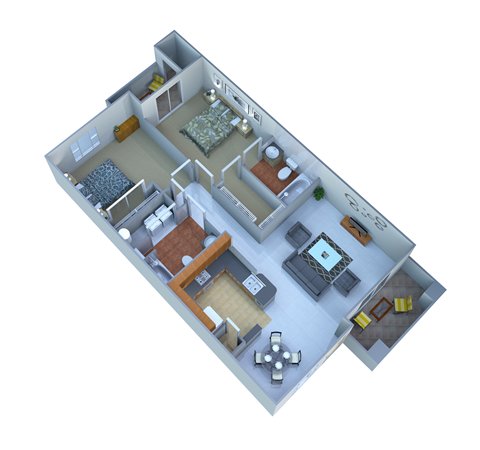 Floor plan for 2 beds, 2 baths, 888 sqft