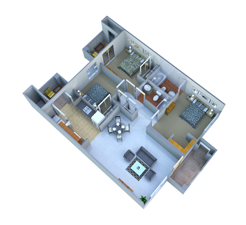 Floor plan for 3 beds, 2 baths, 1049 sqft
