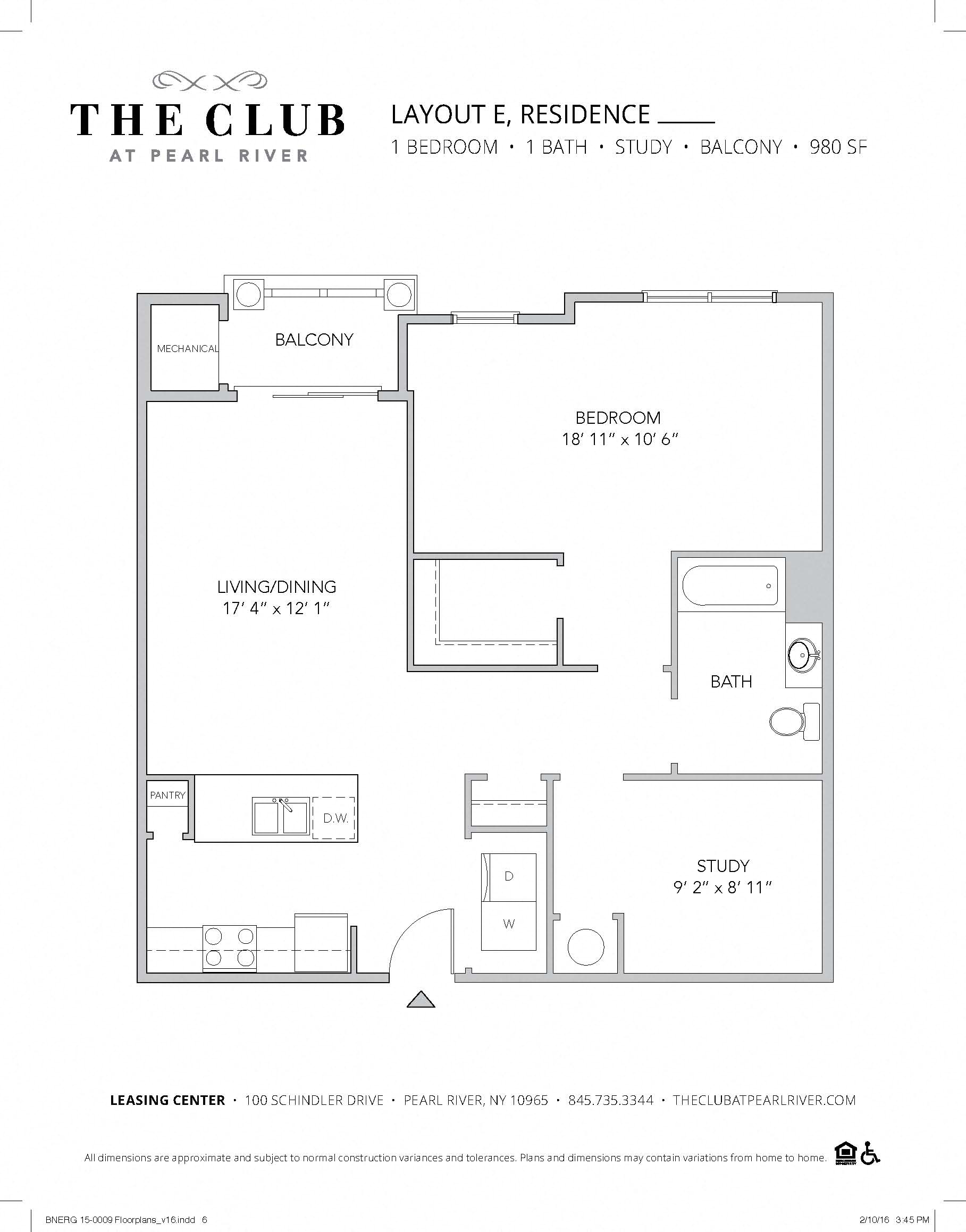 Floor plan for 1 bed, 1 bath, 980 sqft