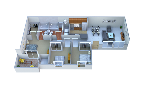 Floor plan for 3 beds, 2 baths, 1036 sqft