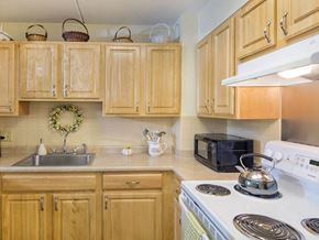 West Roxbury apartment for rent - a kitchen with wooden cabinets and a stove top oven and a sink