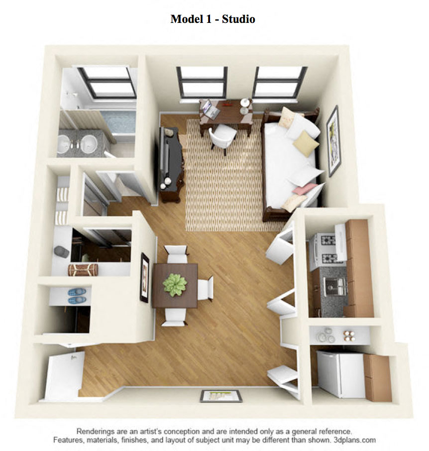 Floor plan for studio, 1 bath, 390 sqft