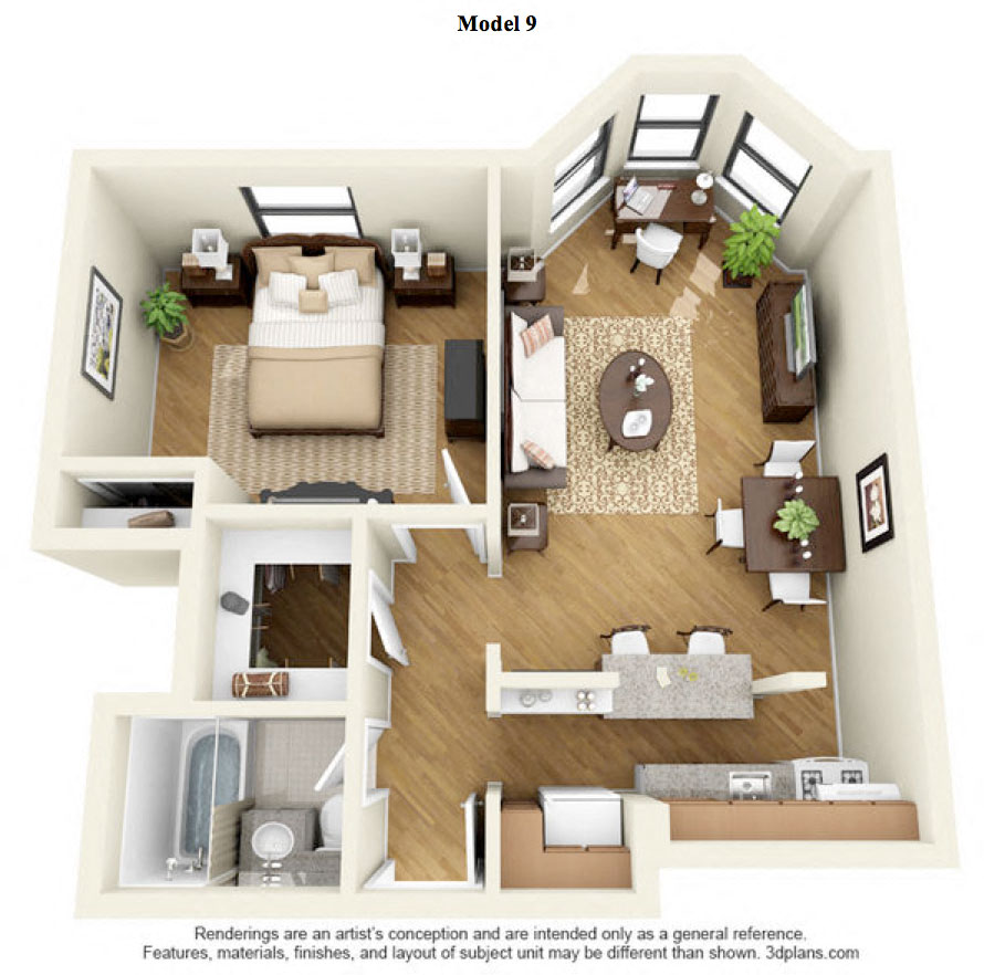 Floor plan for 1 bed, 1 bath, 950 sqft