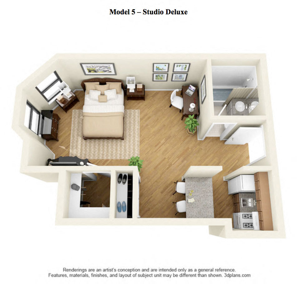Floor plan for studio, 1 bath, 500 sqft
