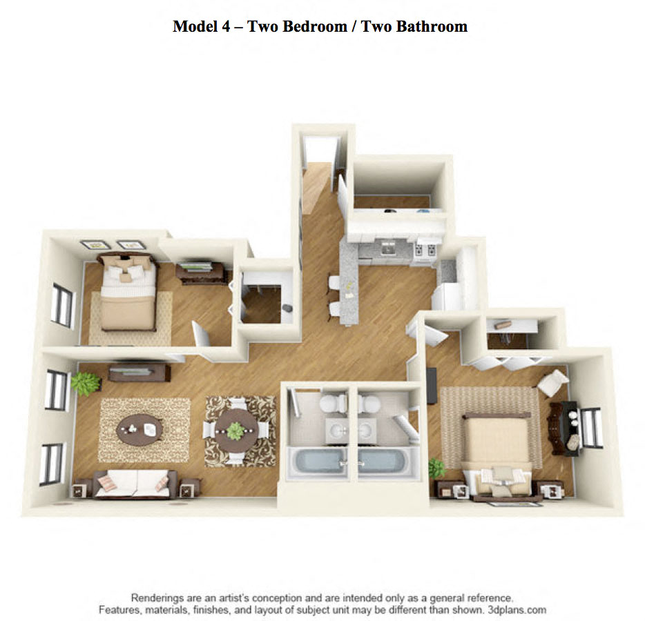 Floor plan for 2 beds, 2 baths, 950 sqft