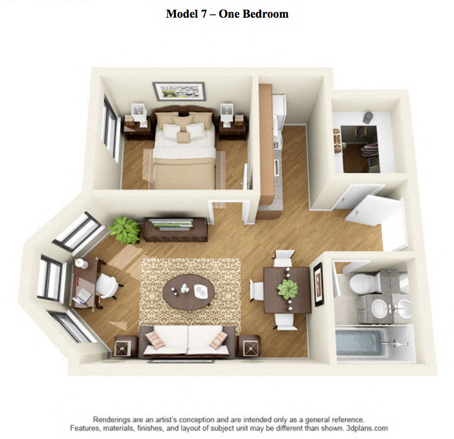 Floor plan for 1 bed, 1 bath, 610 sqft