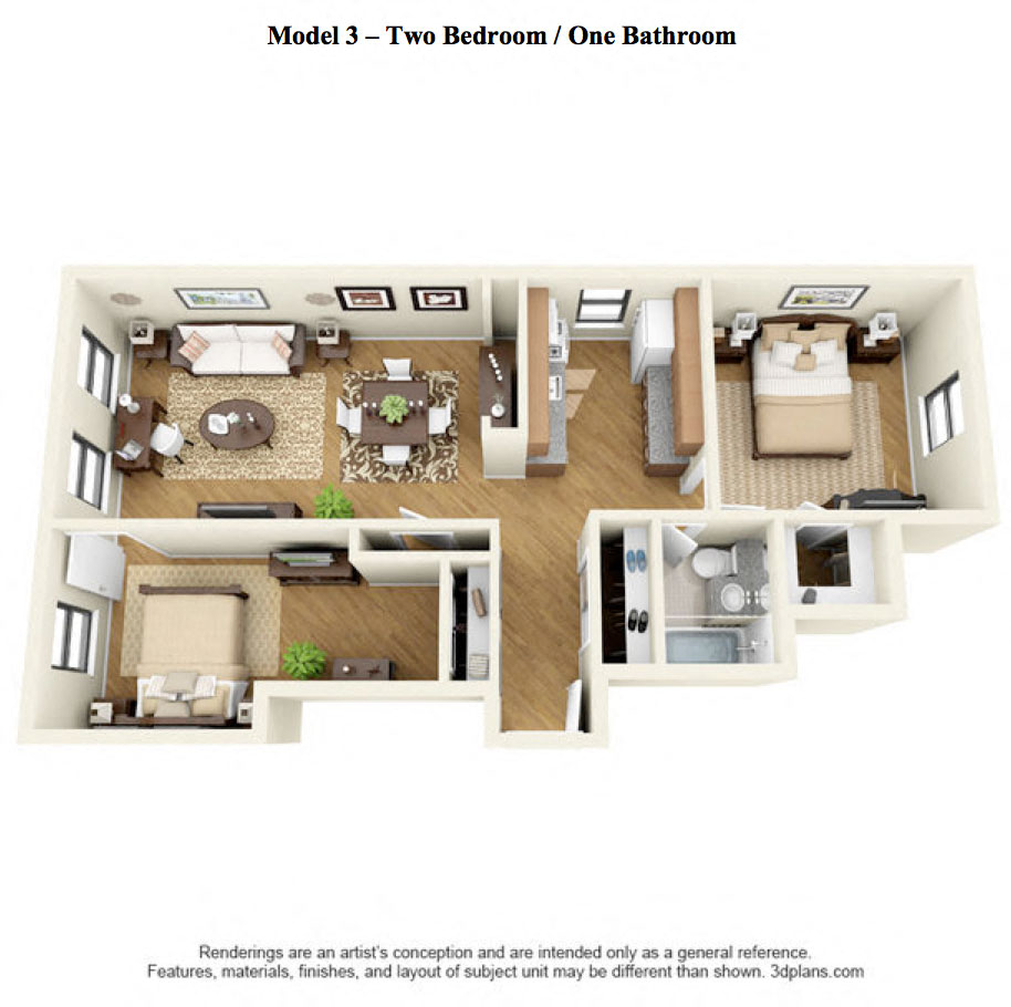 Floor plan for 2 beds, 1 bath, 950 sqft