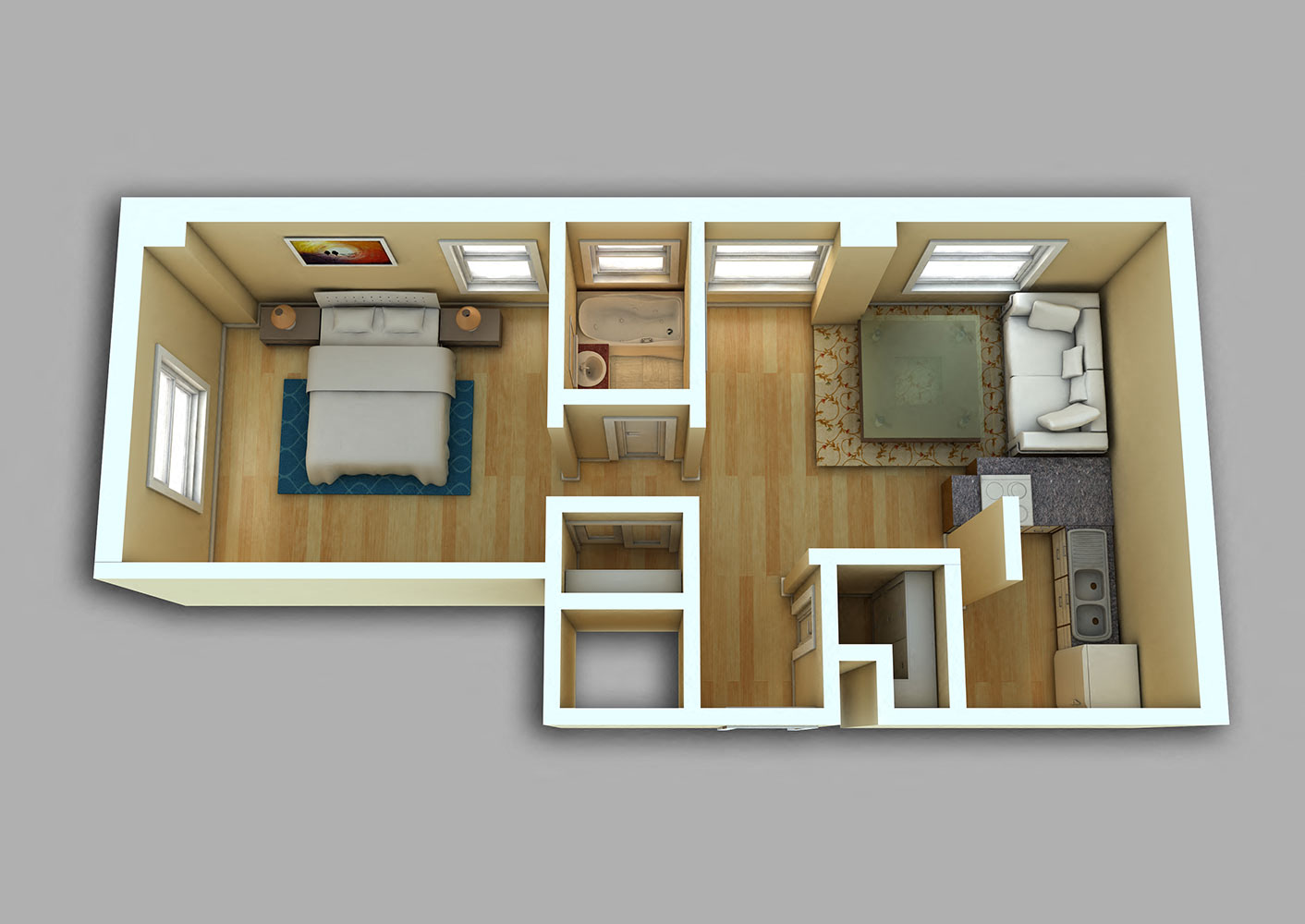 Floor plan for 1 bed, 1 bath, 678 sqft