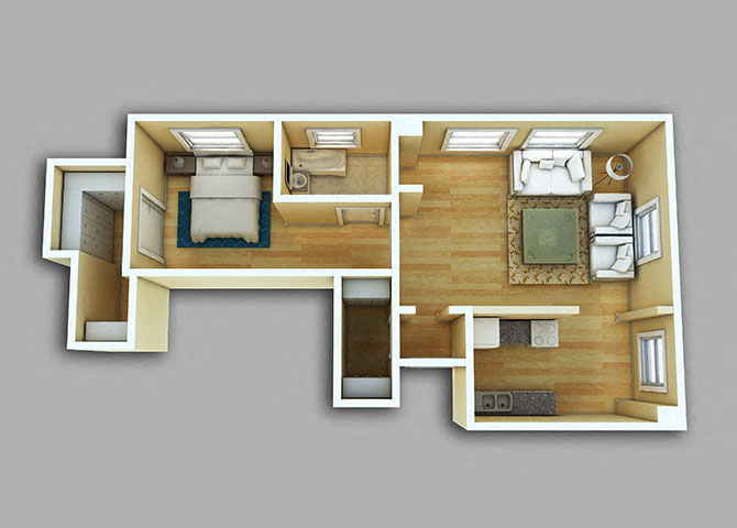 Floor plan for 1 bed, 1 bath, 614 sqft