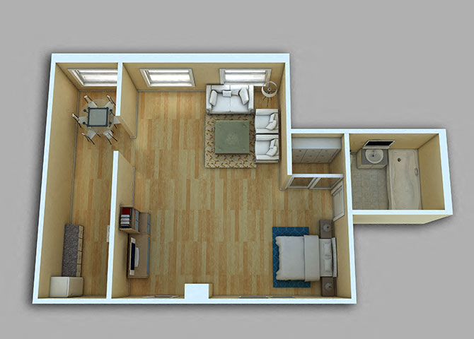 Floor plan for studio, 1 bath, 463 sqft