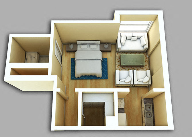 Floor plan for studio, 1 bath, 374 sqft
