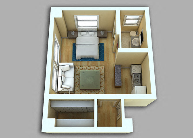 Floor plan for studio, 1 bath, 392 sqft