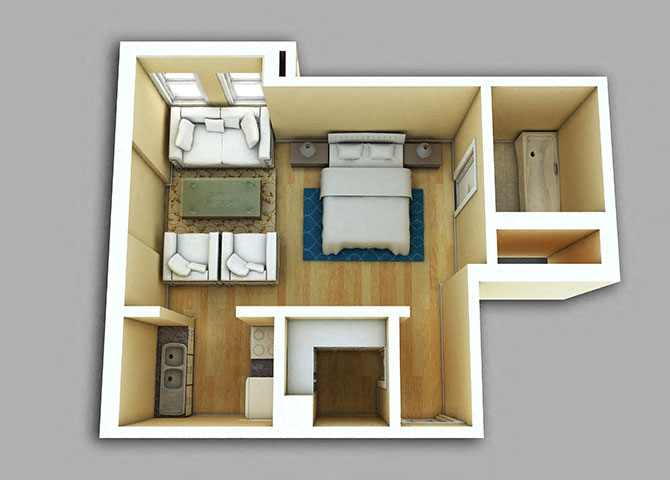 Floor plan for studio, 1 bath, 375 sqft