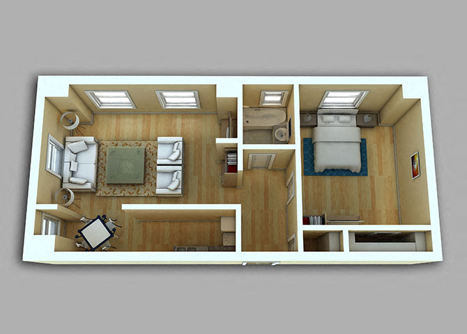Floor plan for 1 bed, 1 bath, 773 sqft