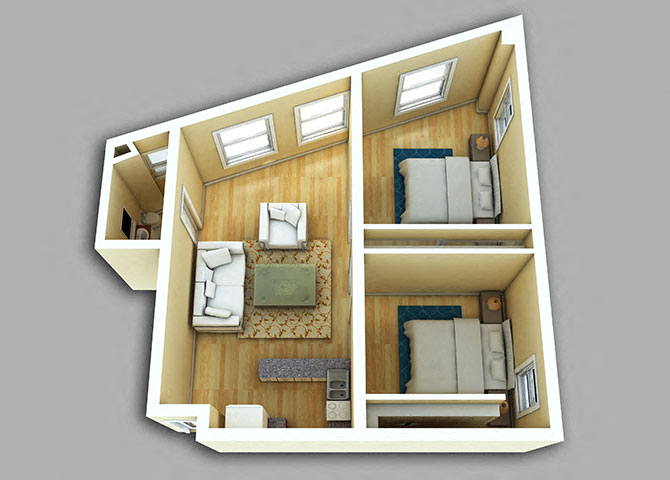 Floor plan for 2 beds, 1 bath, 686 sqft
