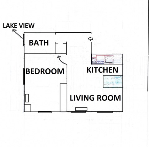 Floor plan for 1 bed, 1 bath, 465 sqft