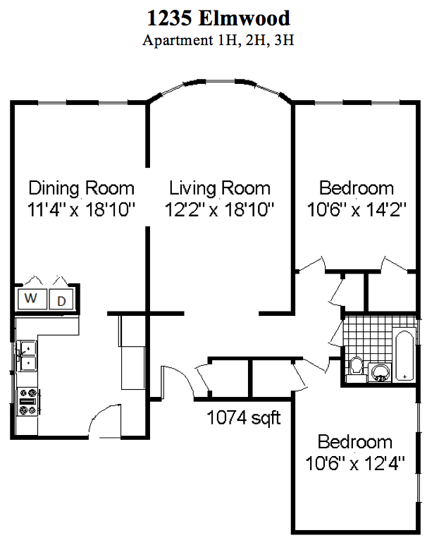 Floor plan for 2 beds, 1 bath, 1074 sqft