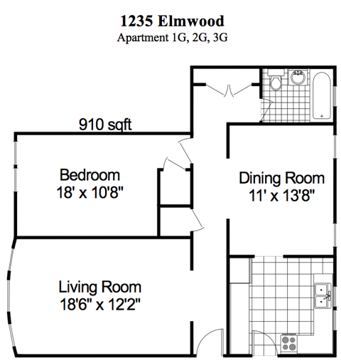 Floor plan for 1 bed, 1 bath, 945 sqft