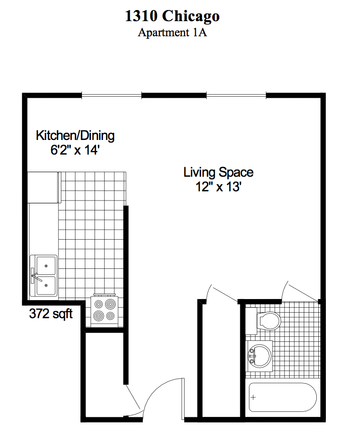 Floor plan for studio, 1 bath, 438 sqft