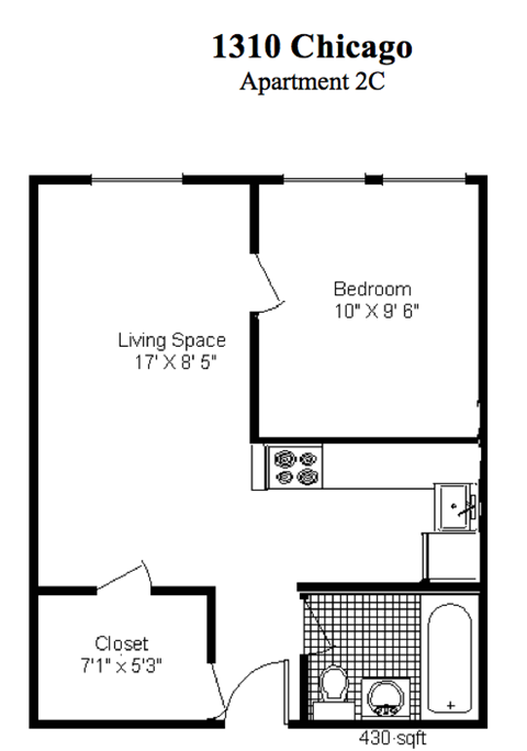 Floor plan for 1 bed, 1 bath, 438 sqft