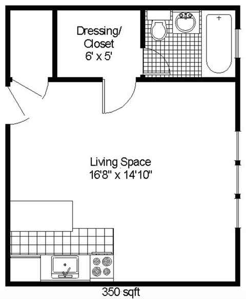 Floor plan for studio, 1 bath, 400 sqft