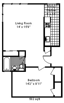 Floor plan for 1 bed, 1 bath, 582 sqft