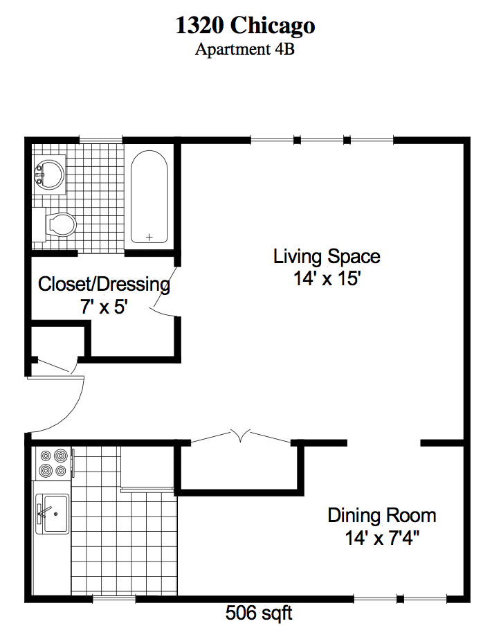 Floor plan for studio, 1 bath, 506 sqft