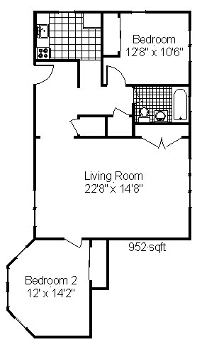 Floor plan for 2 beds, 1 bath, 955 sqft