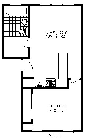 Floor plan for 1 bed, 1 bath, 506 sqft