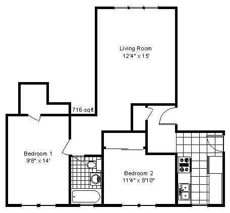 Floor plan for 2 beds, 1 bath, 925 sqft