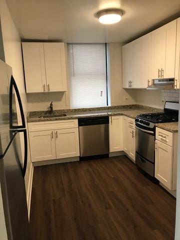 Evanston apartment for rent - a kitchen with white cabinets and stainless steel appliances