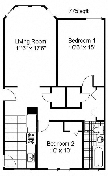 Floor plan for 2 beds, 1 bath, 840 sqft