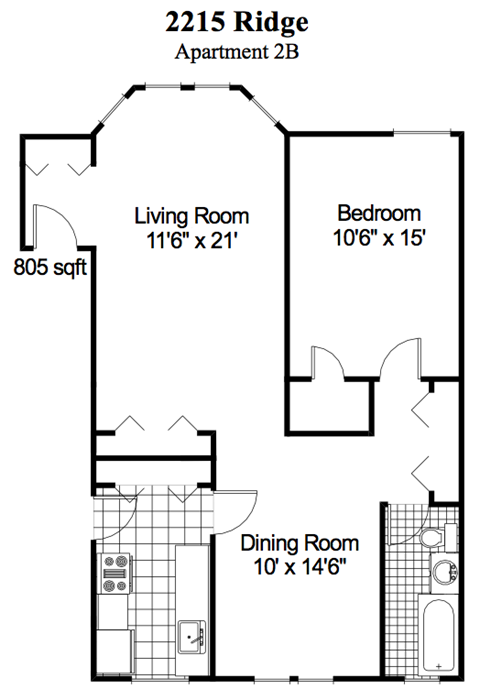 Floor plan for 1 bed, 1 bath, 805 sqft