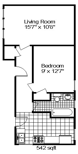 Floor plan for 1 bed, 1 bath, 590 sqft