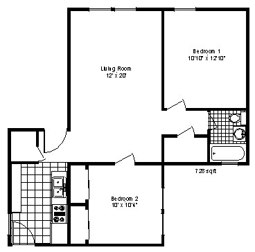 Floor plan for 2 beds, 1 bath, 730 sqft