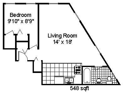 Floor plan for 1 bed, 1 bath, 667 sqft