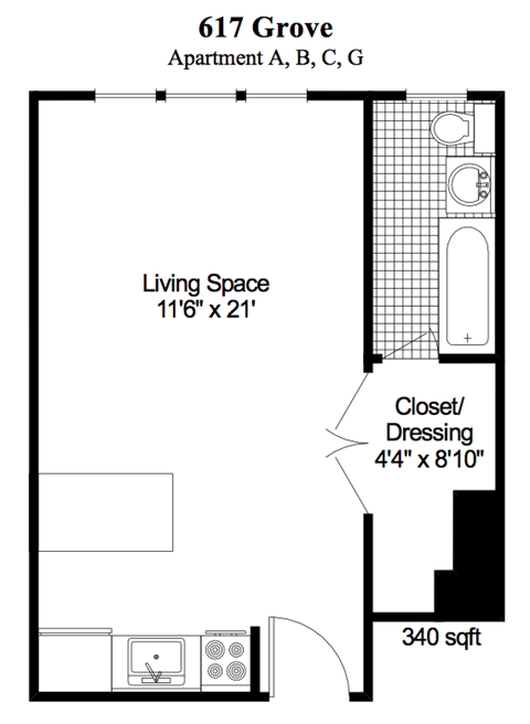 Floor plan for studio, 1 bath, 500 sqft