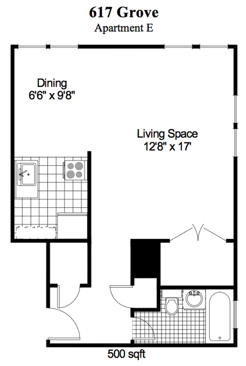 Floor plan for studio, 1 bath, 500 sqft