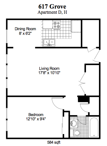 Floor plan for 1 bed, 1 bath, 663 sqft