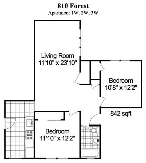 Floor plan for 2 beds, 1 bath, 1202 sqft