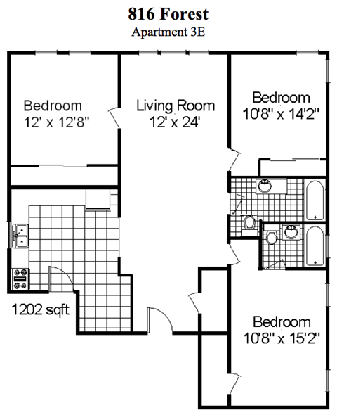 Floor plan for 3 beds, 2 baths, 1202 sqft
