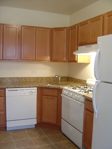 Evanston apartment for rent - a kitchen with white appliances and wooden cabinets
