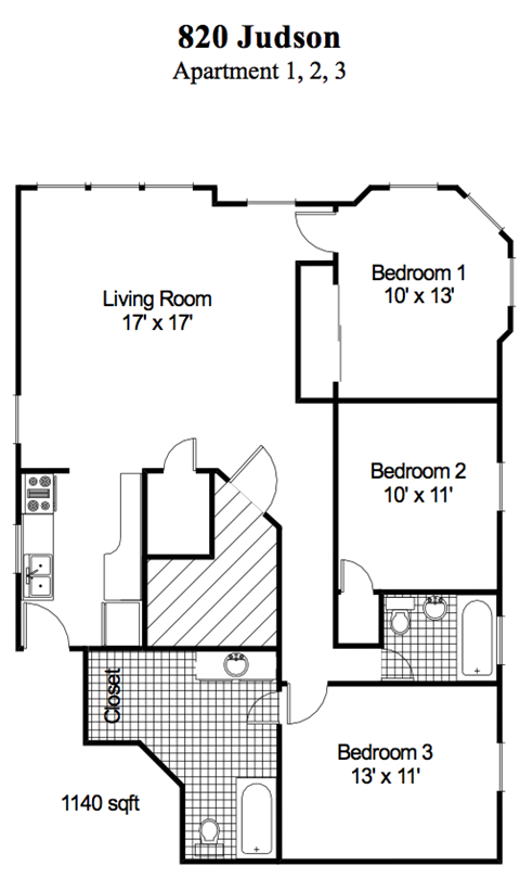 Floor plan for 3 beds, 2 baths, 1140 sqft