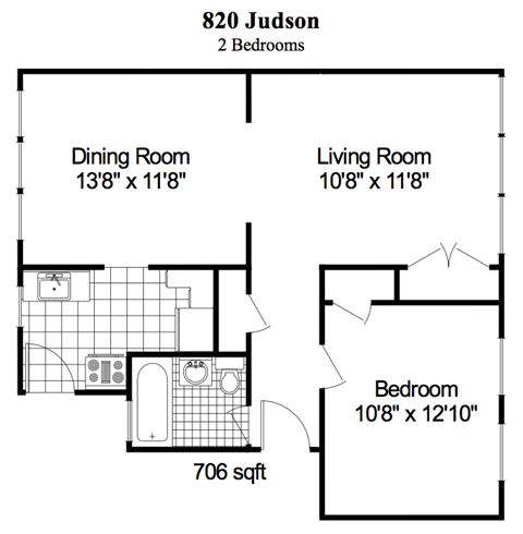 Floor plan for 2 beds, 1 bath, 706 sqft